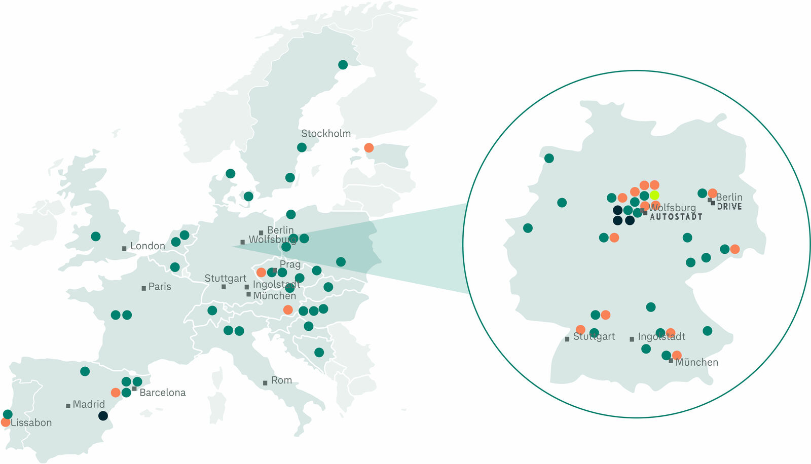 Karte von Europa mit hervorgehobenen Städten, die durch grüne und orange Punkte markiert sind, einschließlich einer vergrößerten Ansicht von Deutschland mit detaillierteren Standortmarkierungen.