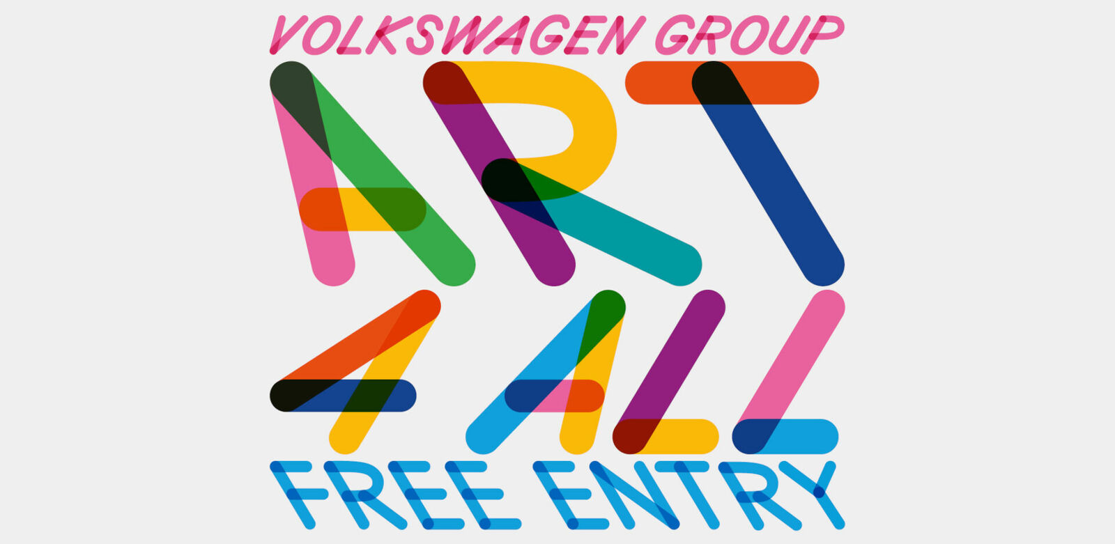 Colorful logo for "Volkswagen Group ART 4 ALL FREE ENTRY" made up of overlapping letters in various colors on a white background.