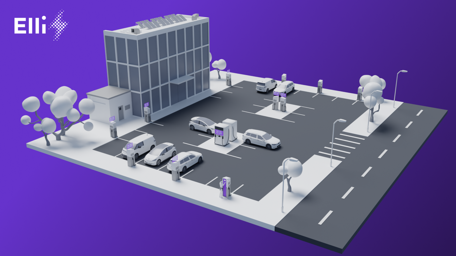 Isometrische Darstellung eines futuristischen Parkplatzes mit Elektrofahrzeugen und Ladesäulen unter dem Namen Elli.