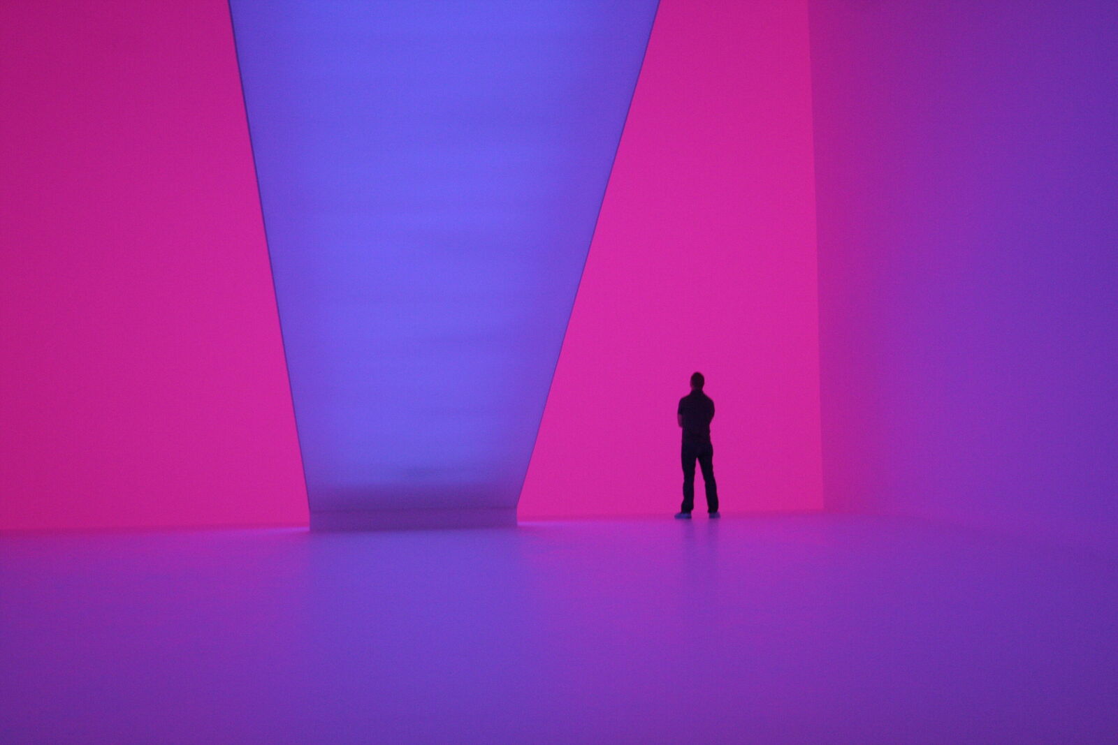A person stands in a modern art installation with bright pink and blue lighting.