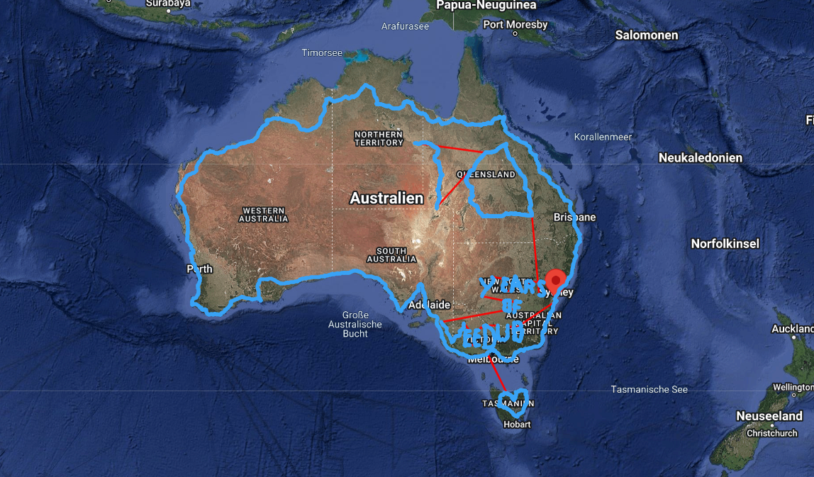 Map of Australia with marked routes and the label "Years of Adventure." Illustration of a possible travel route.